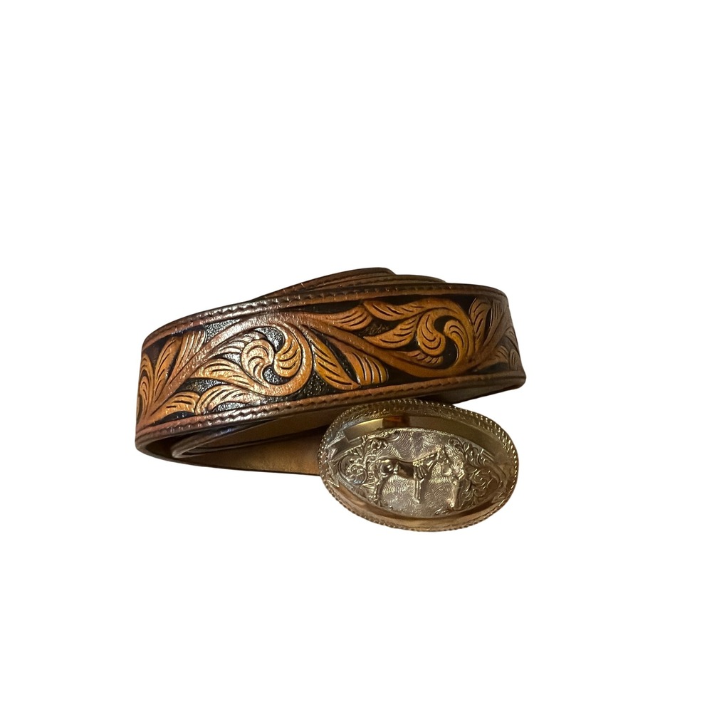 Sheplers Mens Brown Tooled Leather Western Belt Oversized Horse Trophy Buckle - Picture 8 of 9